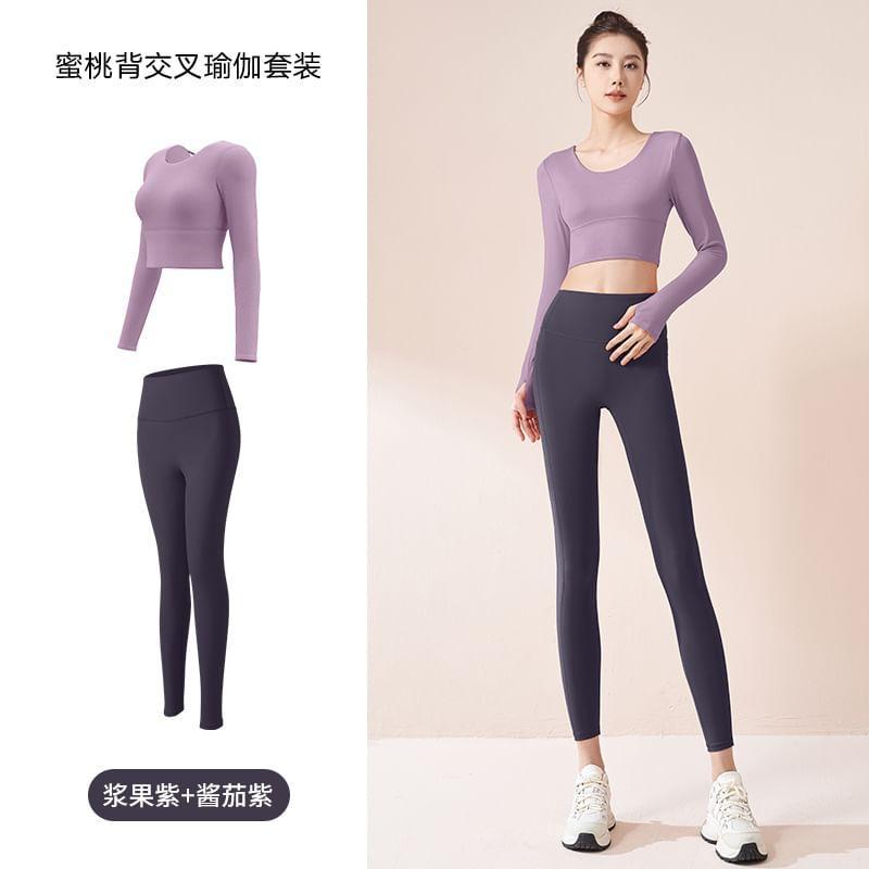 Long-Sleeve Crewneck Plain Cropped Top / Yoga Pants Product Image
