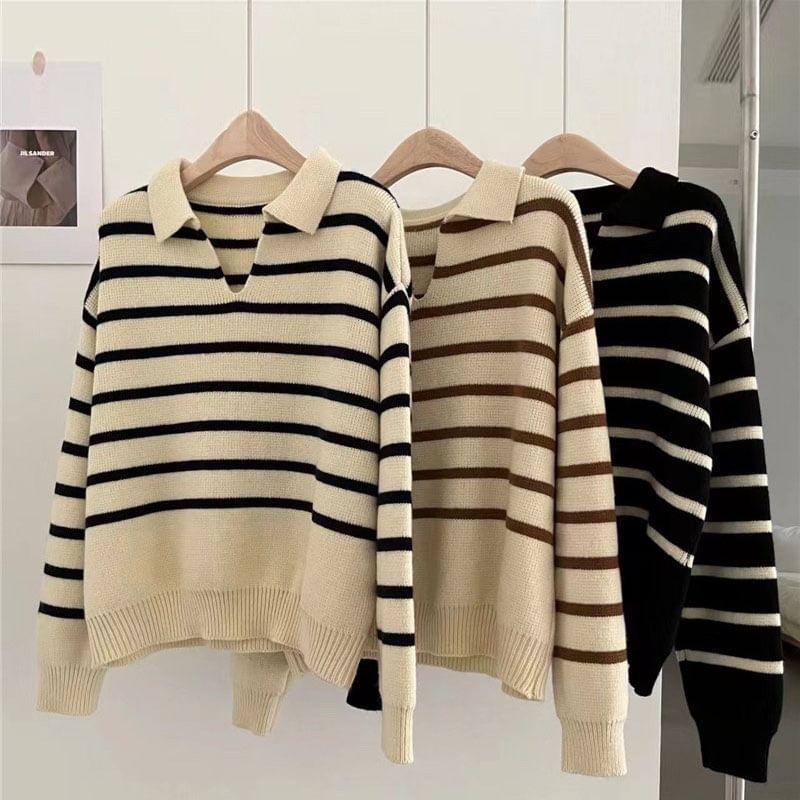V-Neck Collared Striped Sweater Product Image