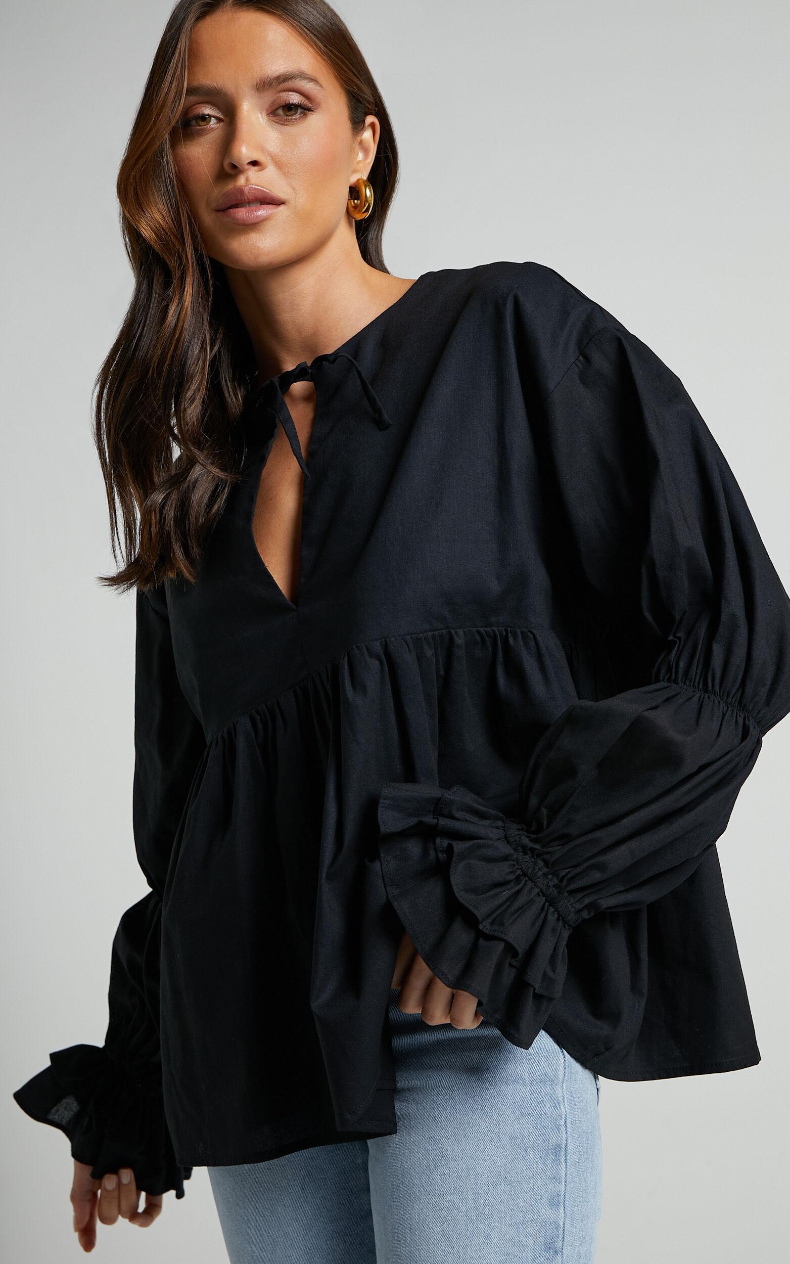 Arthur Top - Linen Look Long Sleeve V Neck Tiered Top in Black Product Image