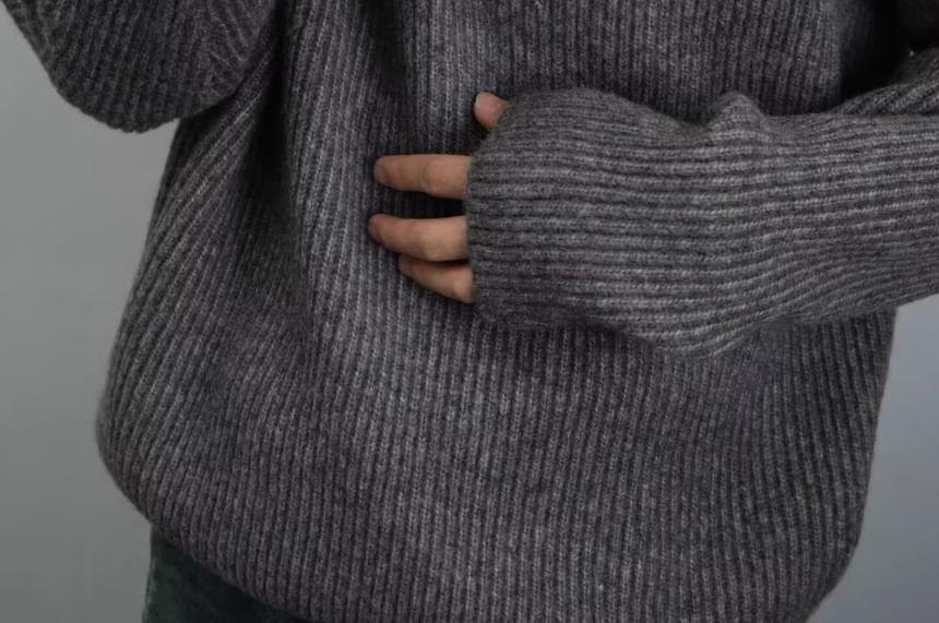 Turtleneck Plain Half Zip Ribbed Sweater Product Image