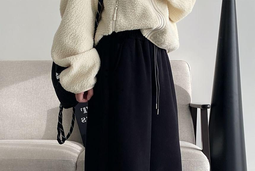 Drawstring Waist Plain Fleece Lined Wide Leg Sweatpants Product Image