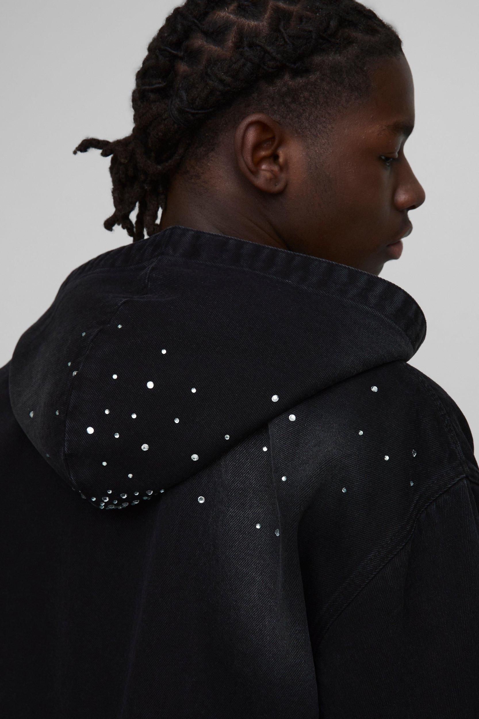 Boxy Rhinestone Washed Black Denim Hoodie | boohooMAN USA Product Image