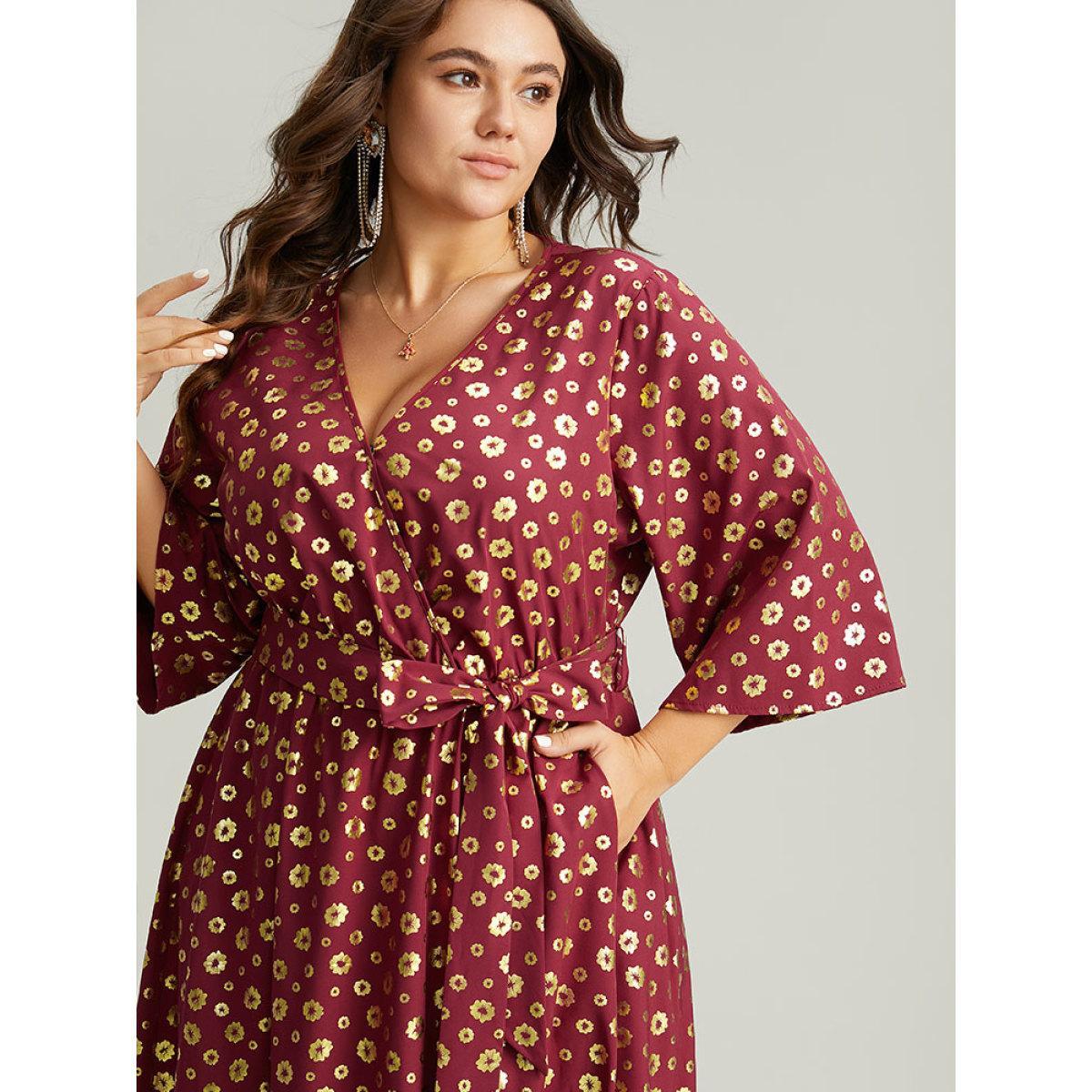 Plus Size Colorblock Glitter Bowknot Belted Pocket Dress Scarlet Women Party Wrap Overlap Collar Elbow-length sleeve Curvy Midi Dress BloomChic 28/5X Product Image