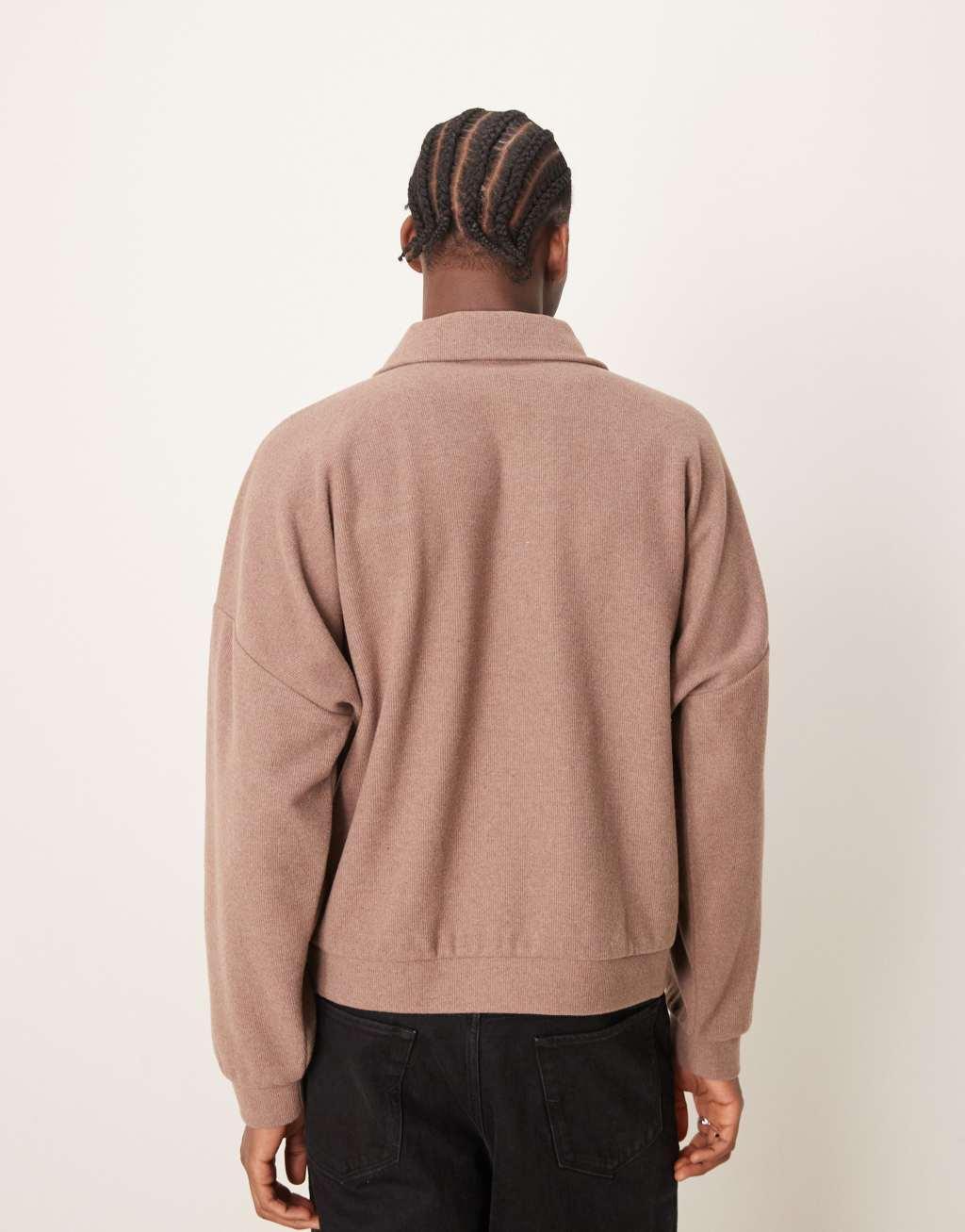 ASOS DESIGN super oversized boxy funnel neck sweatshirt in heavyweight brushed rib in brown Product Image