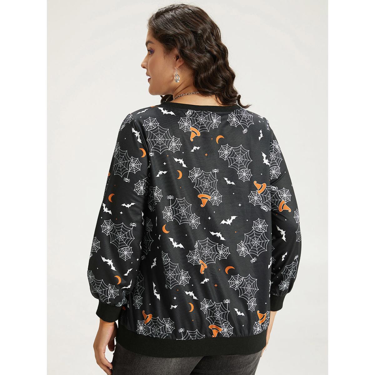 Plus Size Halloween Print Elastic Cuffs Round Neck Sweatshirt Women Black Casual Elastic cuffs Round Neck Dailywear Sweatshirts BloomChic 10/M Product Image