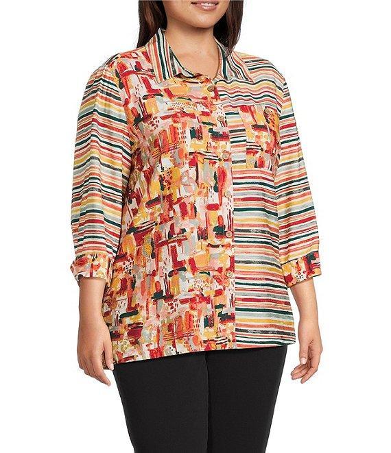 Multiples Plus Size Woven Multi Print Point Collar 3/4 Sleeve Button Front Fitted Shirt Product Image