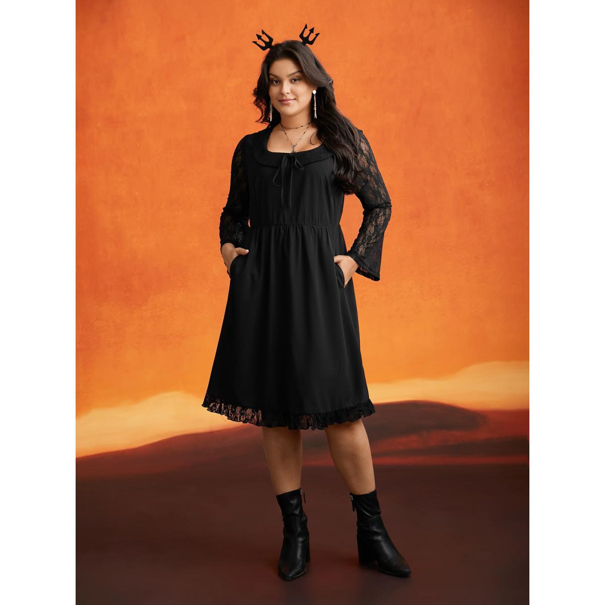 Plus Size Spellbound Lace Sleeves Square Neckline Midi Dress Black Women Cocktail Woven ribbon&lace trim Party Curvy Bloomchic 30/6X Product Image