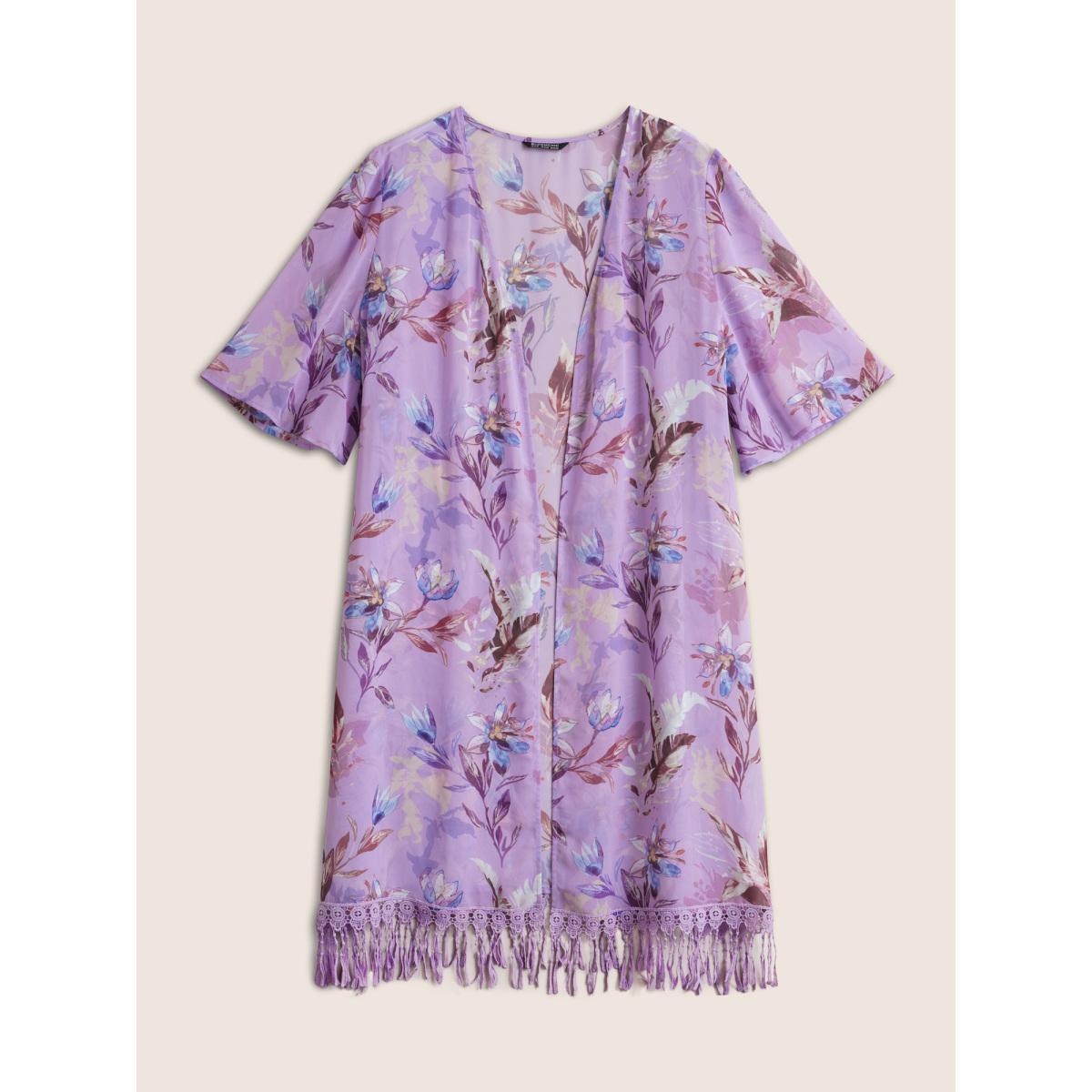 Plus Size Floral Lace Patchwork Mesh Tassels Trim Kimono Women Lilac Resort Woven ribbon&lace trim Vacation Kimonos BloomChic 22-24/3X Product Image