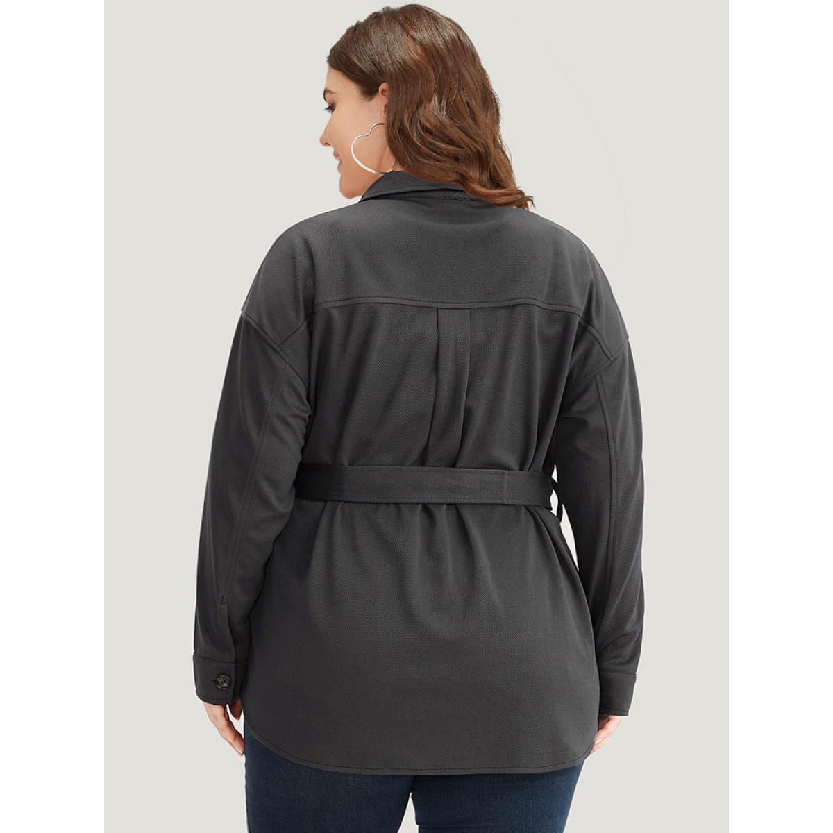 Plus Size Solid Pocket Button Through Belted Coat Women Gray Casual Plain Ladies Dailywear Winter Coats BloomChic 22-24/3X Product Image