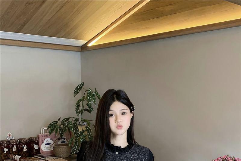 Puff-Sleeve Plain Lace Trim Blouse / Bow Embroidered Mini Jumper Dress Product Image