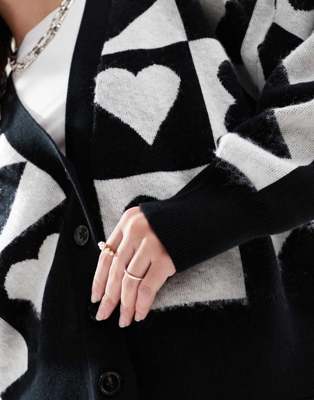French Connection knitted cardigan with love hearts in black and white Product Image