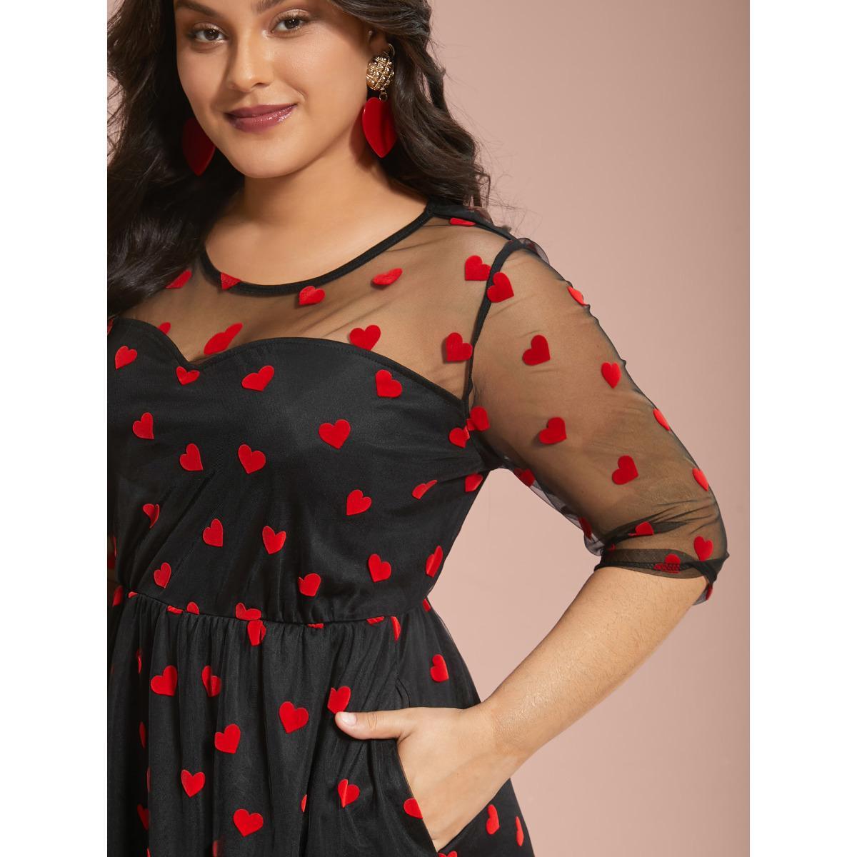 Plus Size Flocking Heart Mesh Patchwork Midi Dress Black Women Cocktail Texture Party Curvy Bloomchic 14-16/1X Product Image