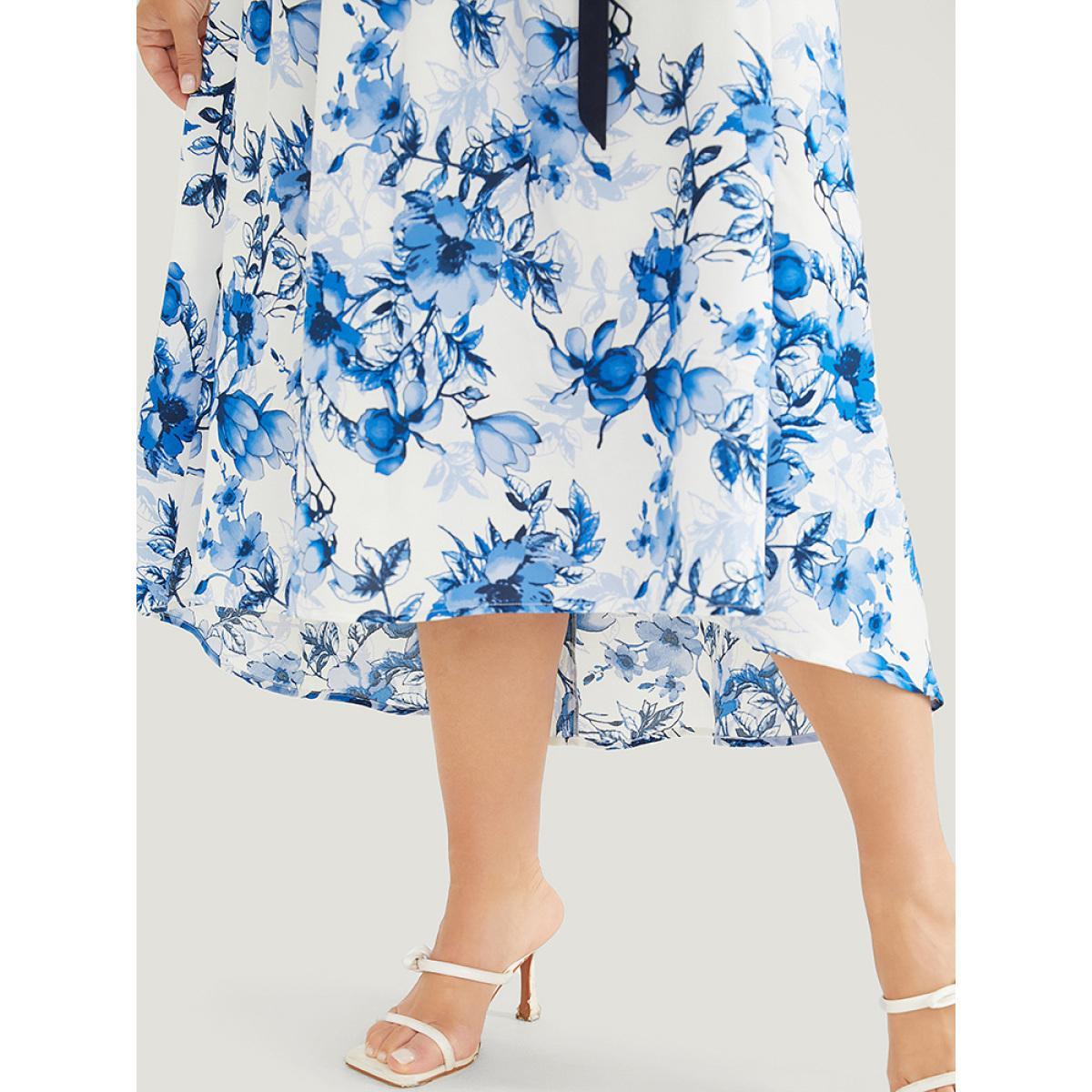 Plus Size Floral Patchwork Pocket Scalloped Trim Ruffle Hem Dress LightBlue Women Elegant Patchwork Round Neck Short sleeve Curvy Midi Dress BloomChic 26/4X Product Image