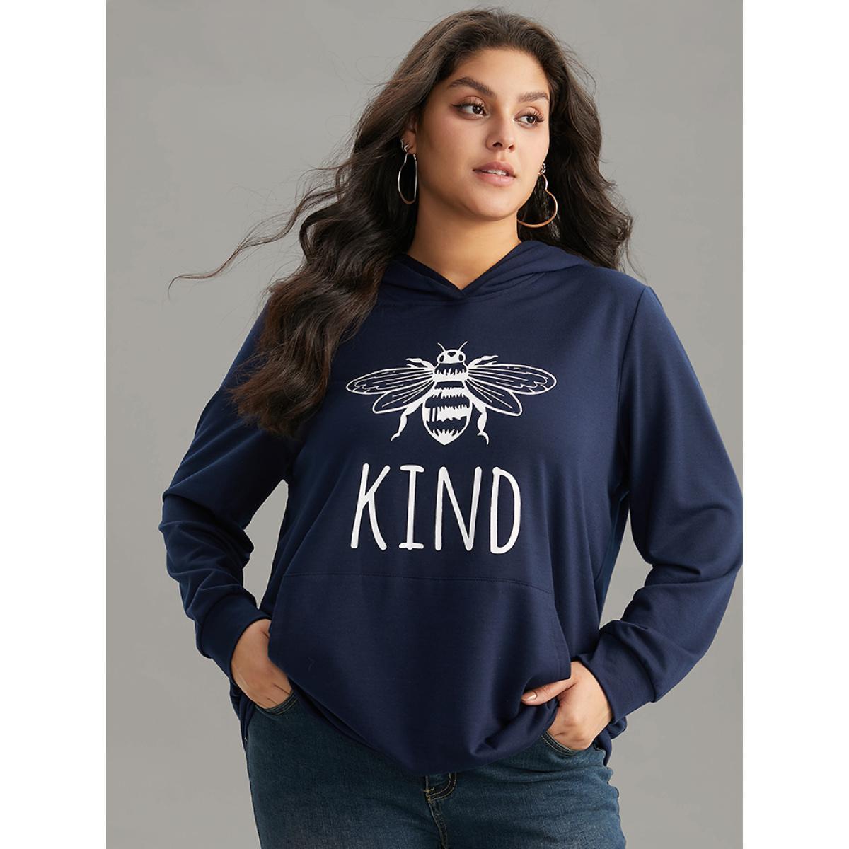 Plus Size Bee Print Hooded Kangaroo Pocket Sweatshirt Women Indigo Casual Printed Everyday Sweatshirts BloomChic 26/4X Product Image