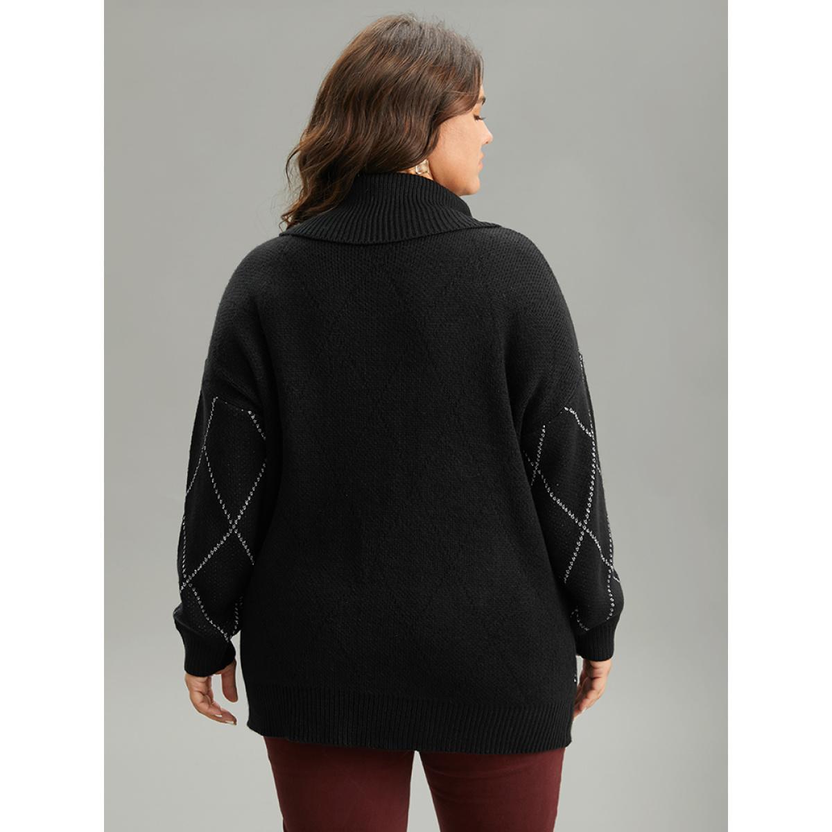 Plus Size Plaid Luxe Contrast Turtleneck Pullover Black Women Casual Loose Long Sleeve Turtleneck Dailywear Pullovers BloomChic 10/M Product Image