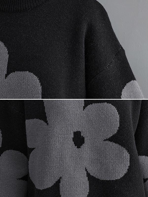 Casual Loose Long Sleeves Contrast Color Jacquard Round-Neck Sweater Tops Product Image