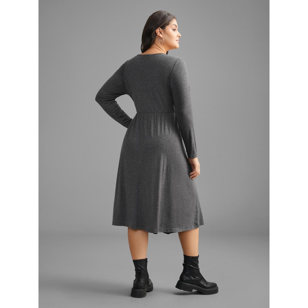 Plus Size Solid Button Detail Wrap Hem Knit Dress DarkGray Women Casual Overlapping Knit Dresses Bloomchic 18-20/2X Product Image