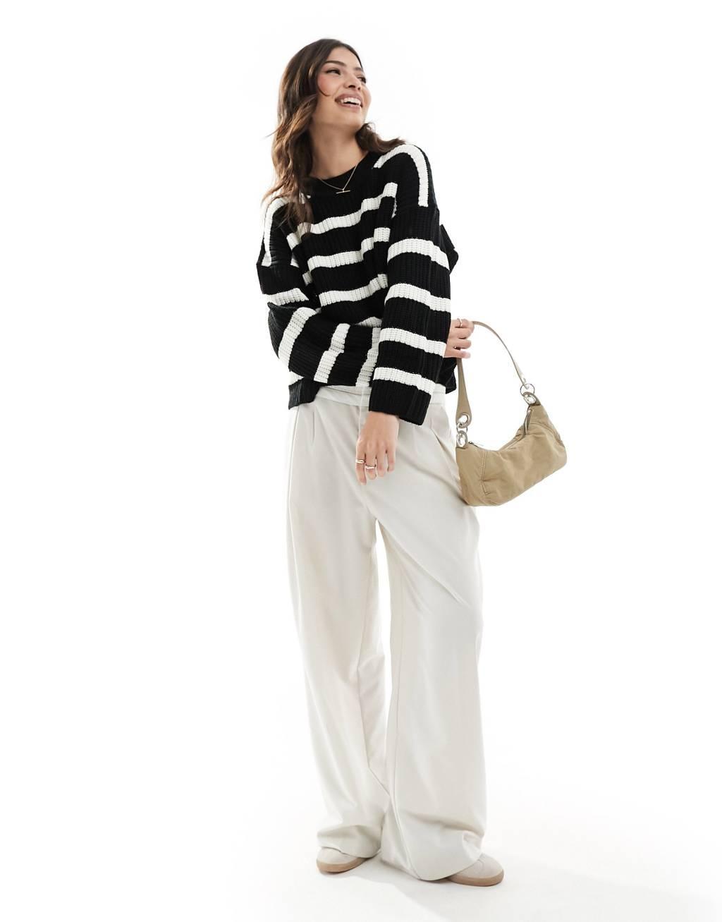 JDY knitted crew neck sweater in beige & black stripe Product Image
