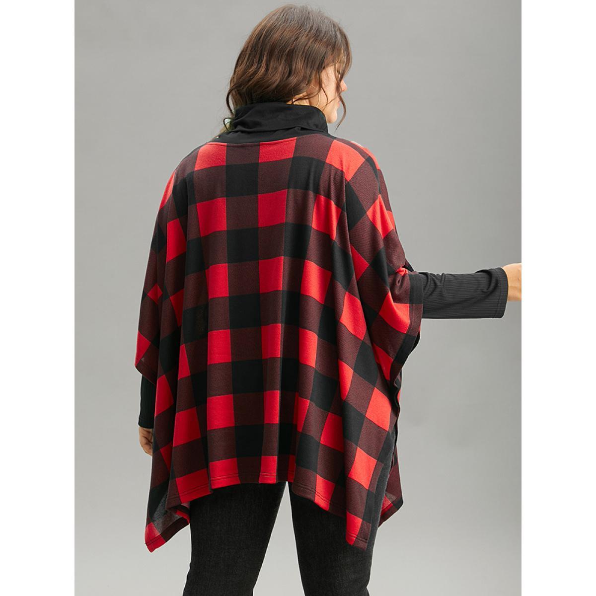 Plus Size Plaid Cowl Neck Dolman Sleeve Asymmetrical Hem Sweatshirt Women Red Casual Contrast Cowl Neck Festival-Christmas Sweatshirts BloomChic 14-16/1X Product Image