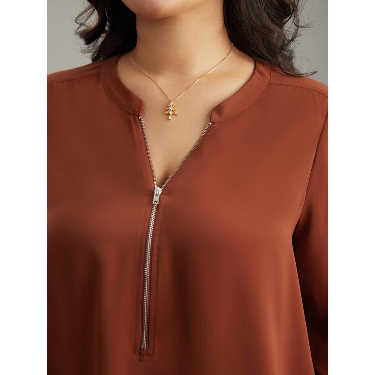 Plus Size Rust Plain Half Zip Gathered Blouse Women Work From Home Elbow-length sleeve V-neck Work Blouses BloomChic 22-24/3X Product Image