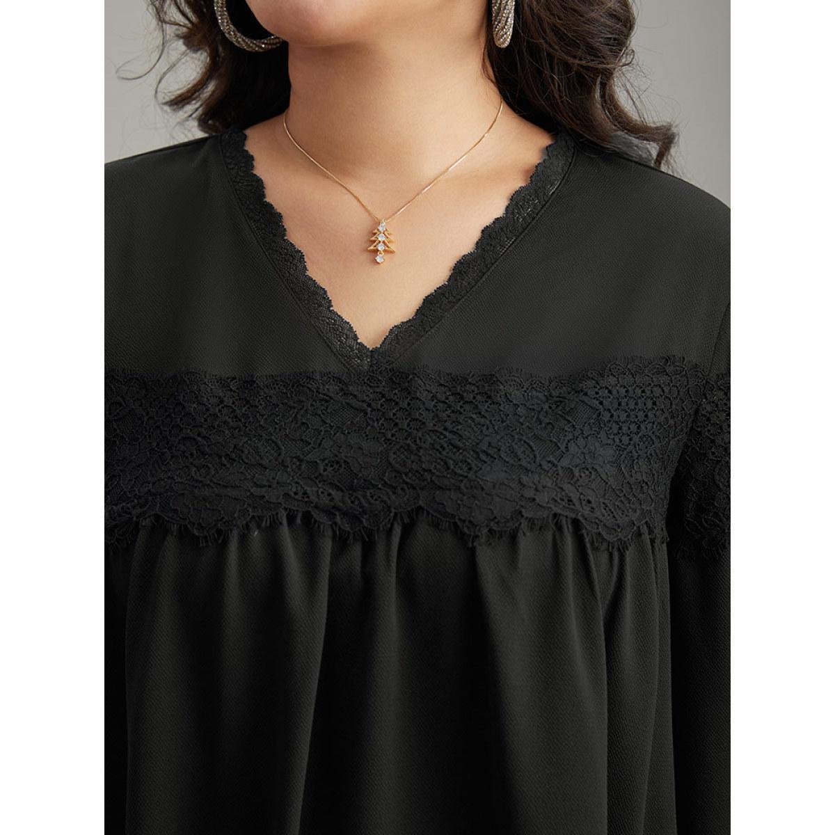 Plus Size Black V Neck Lace Panel Gathered Blouse Women Glamour Long Sleeve V-neck Going out Blouses BloomChic 22-24/3X Product Image
