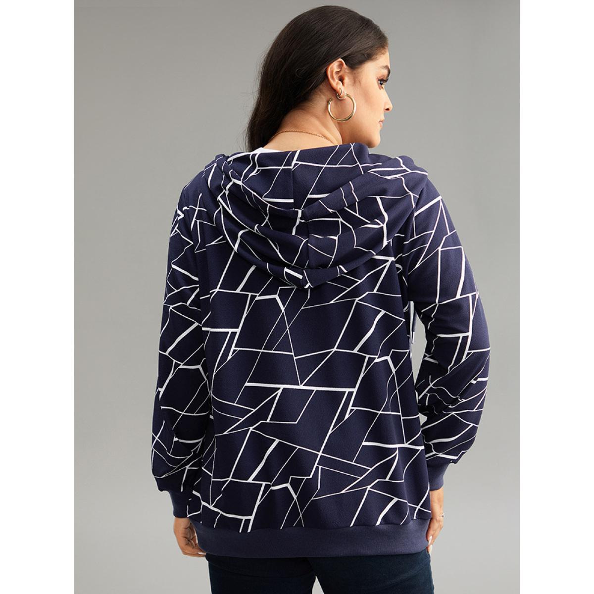 Plus Size Geometric Zipper Hooded Drawstring Sweatshirt Women Midnight Casual Printed Hooded Dailywear Sweatshirts BloomChic 18-20/2X Product Image