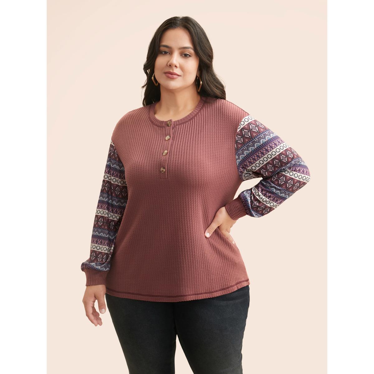 Plus Size Boho Print Patchwork Waffle Knit T-shirt DustyPink Women Casual Texture Round Neck Everyday T-shirts BloomChic 14-16/1X Product Image