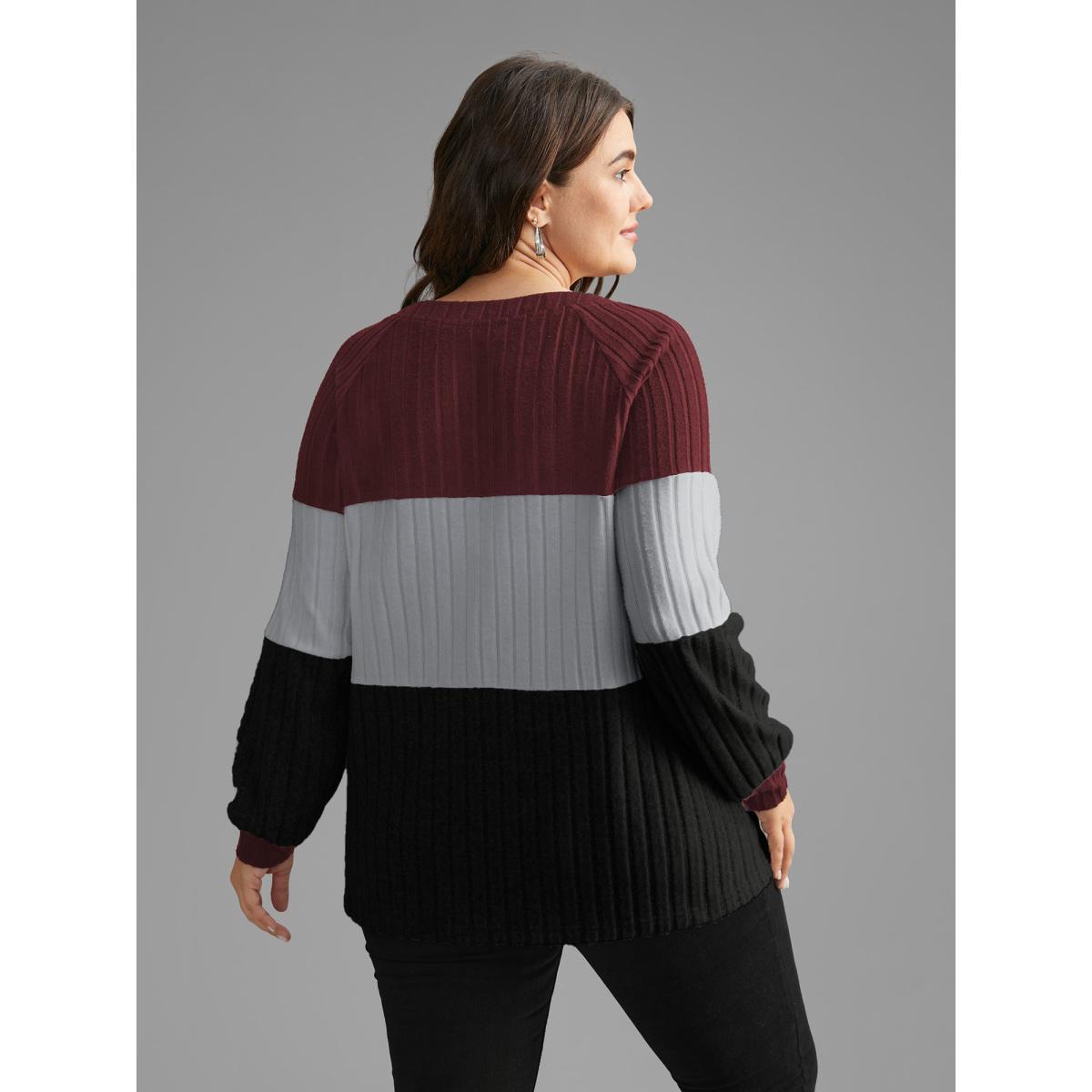 Plus Size Colorblock Contrast Texture Pit Strip T-shirt Burgundy Women Casual Texture V-neck Everyday T-shirts BloomChic 18-20/2X Product Image