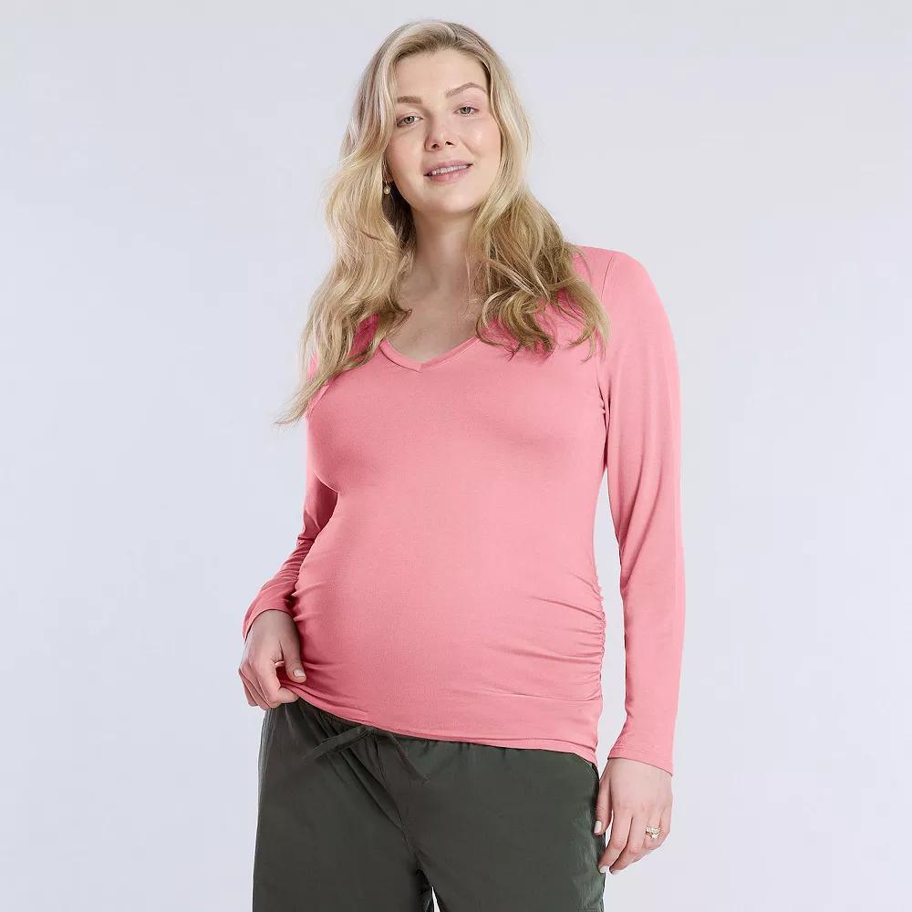 Maternity Motherhood® V-Neck Side Ruched Long Sleeve Tee, Women's, Size: Medium-Mat, White Product Image