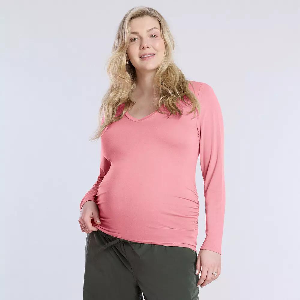 Maternity Motherhood® V-Neck Side Ruched Long Sleeve Tee, Women's, Size: Medium-Mat, White Product Image