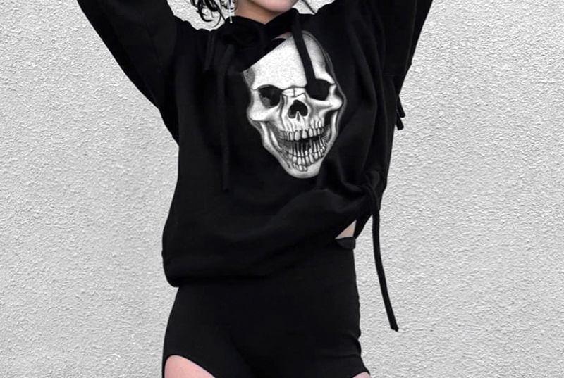 Asymmetrical Neck Cold Shoulder Skull Print Oversized Hoodie Product Image