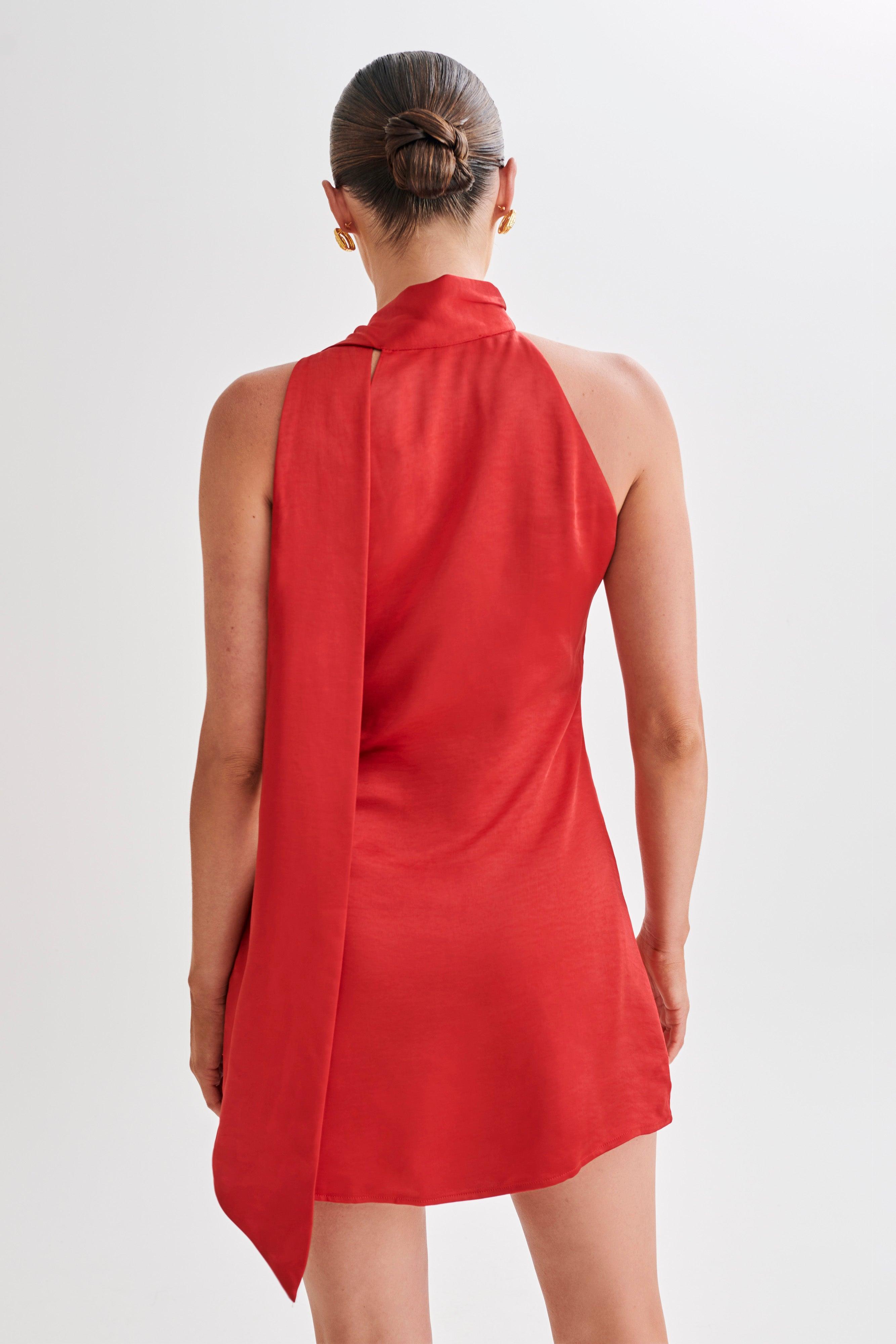 Aubriella Halter Mini Dress With Tie - Red Product Image
