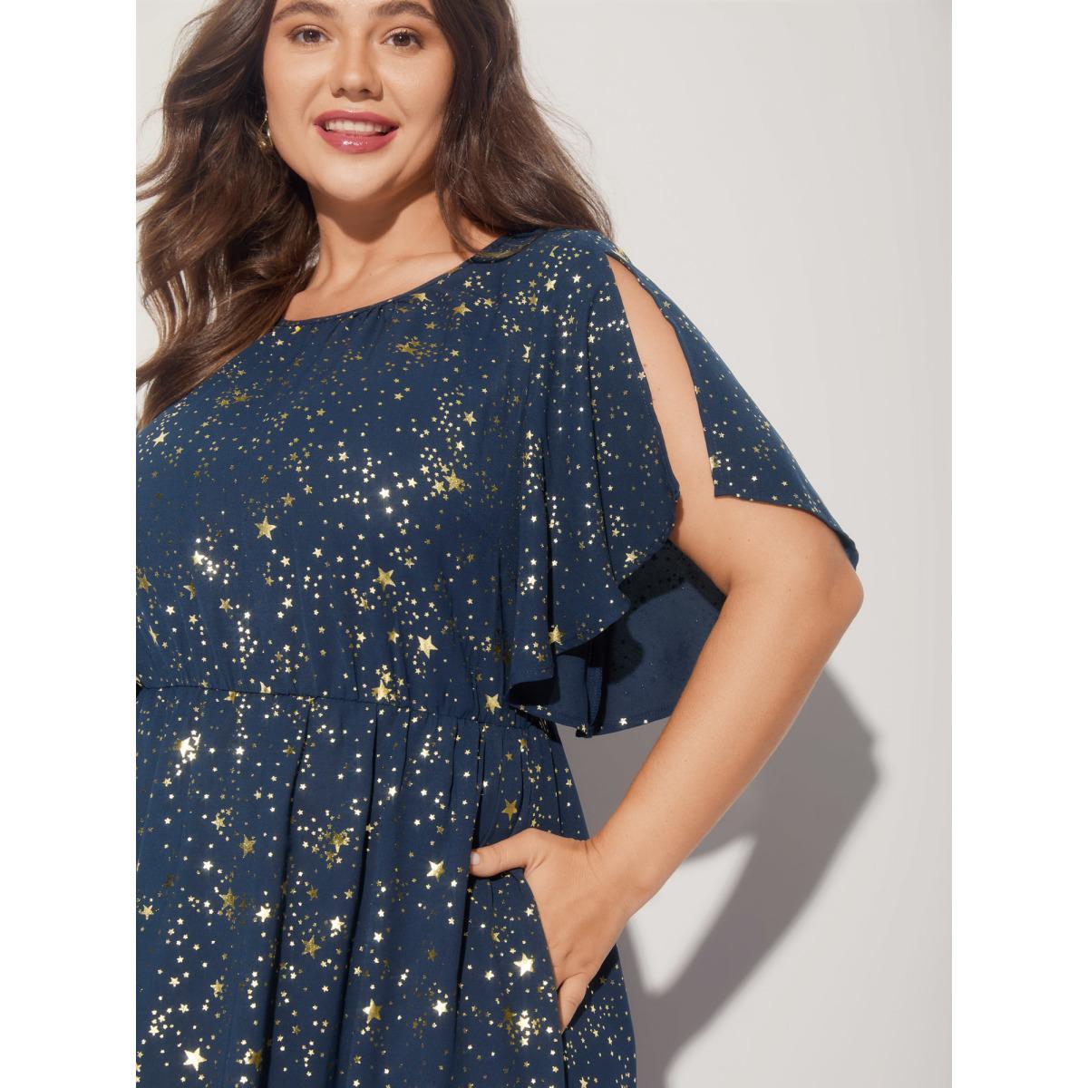 Plus Size Glitter Star Split Sleeve Midi Dress DarkBlue Women Elegant Gathered Round Neck Short sleeve Curvy BloomChic 22-24/3X Product Image