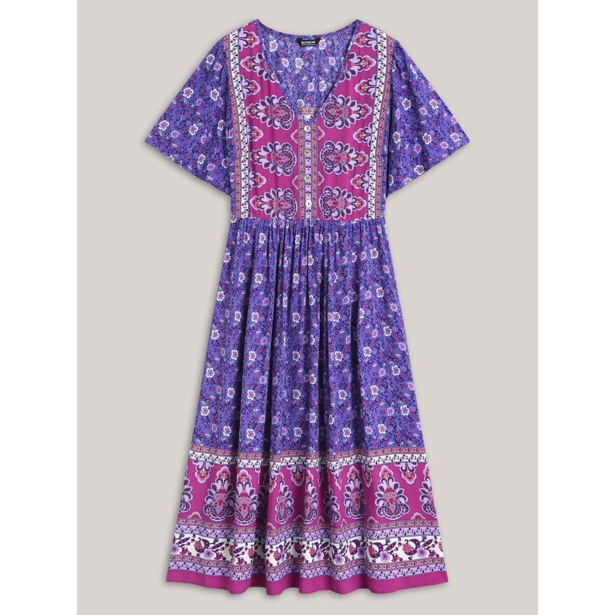 Plus Size Rayon Floral Print Color Contrast Midi Dress BlueViolet Women V-neck Short sleeve Curvy BloomChic 12/L Product Image