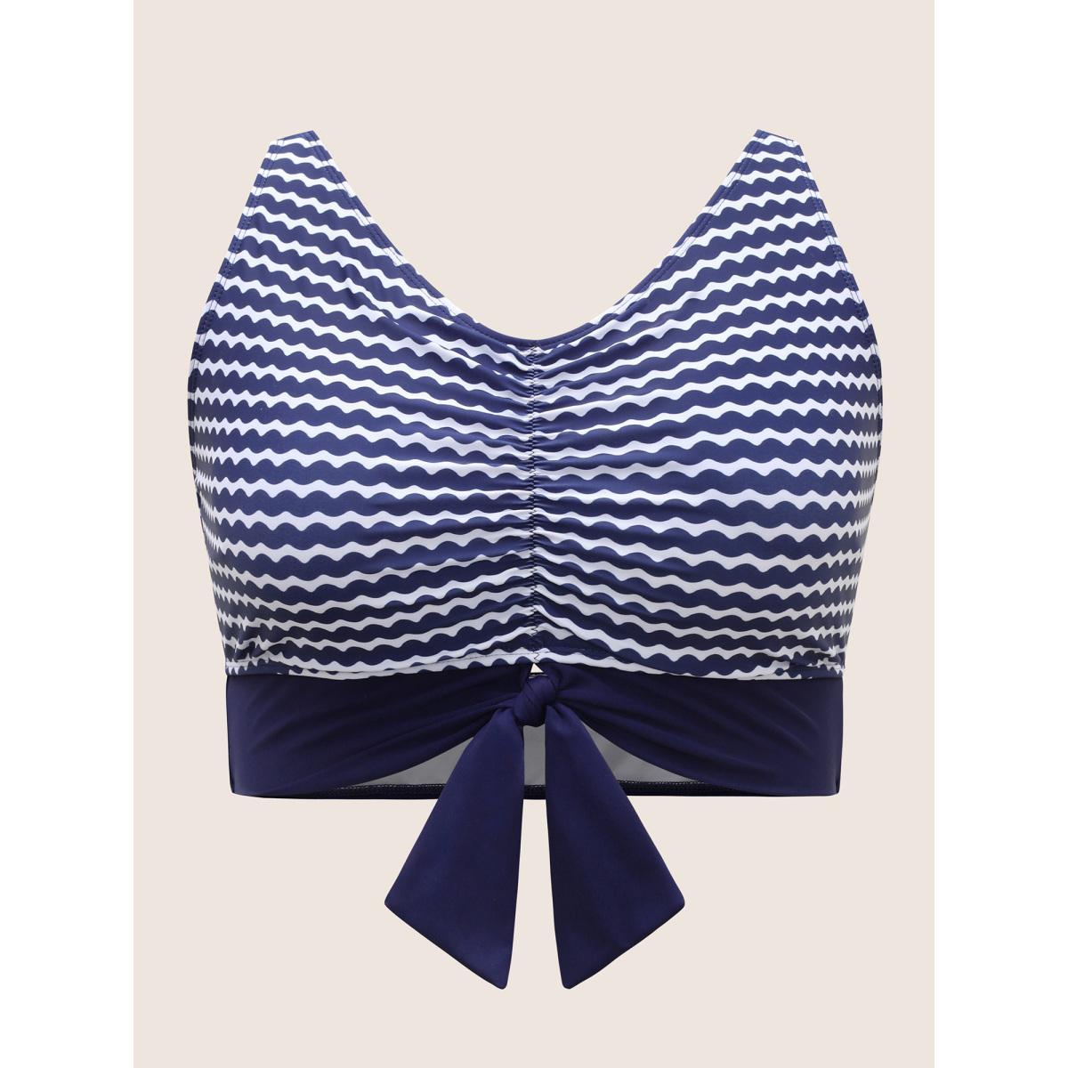 Plus Size Striped Patchwork Ruched Tie Knot Swim Top Women's Swimwear Navy Beach Tie knot High stretch Skinny V-neck Curve Swim Tops BloomChic 14-16/1X Product Image