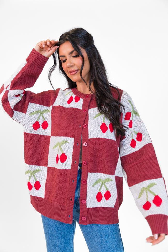 Cherry Much In Love Brick and White Multi Checkered Cardigan FINAL SALE Product Image
