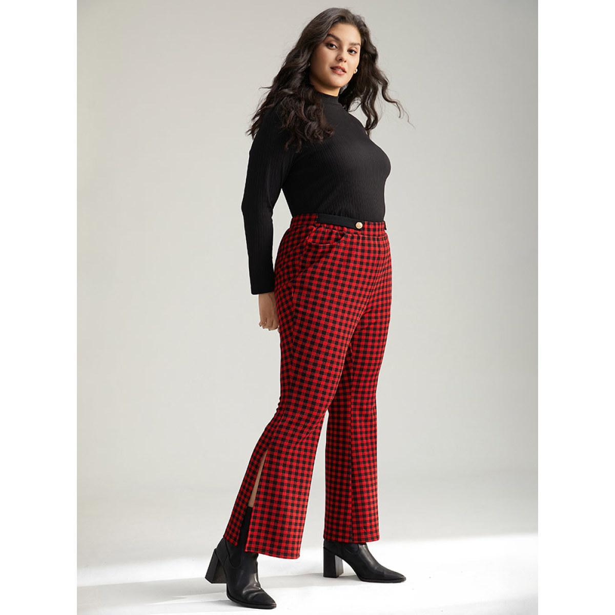 Plus Size Gingham Bootcut Split Hem Metal Detail Pants Women Raspberry Elegant Flare Leg High Rise Festival-Christmas Pants BloomChic 10/M Product Image