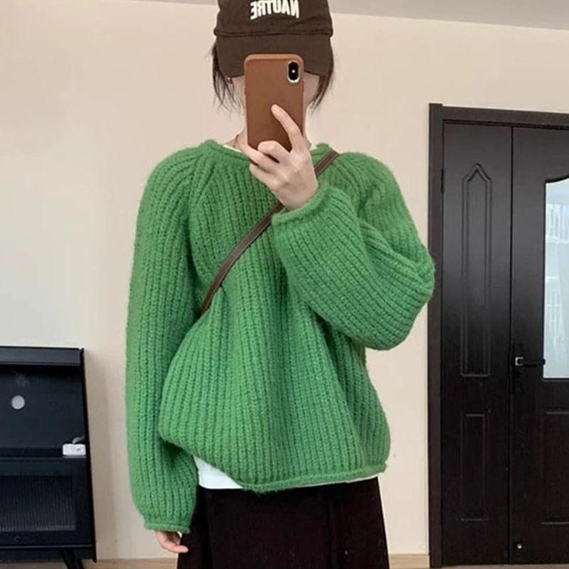 Round Neck Plain Ribbed Sweater Product Image