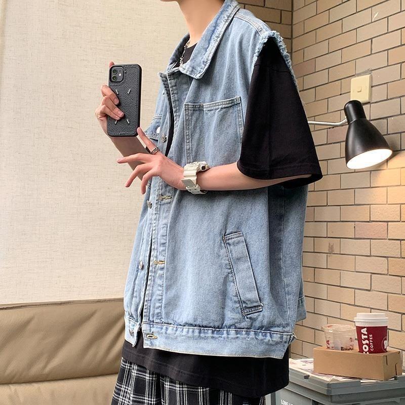 Collar Washed Denim Button Vest Product Image