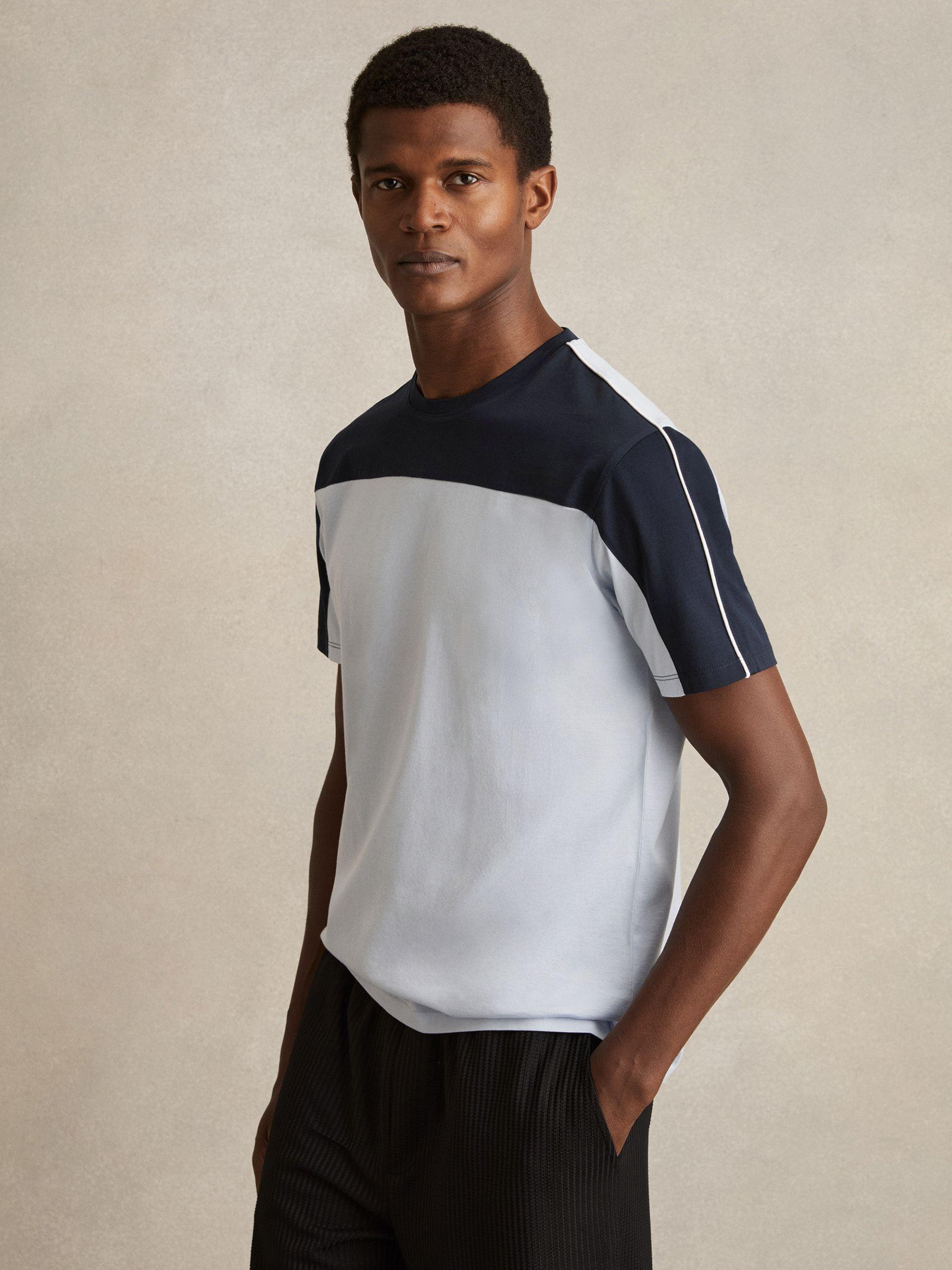 Mercerised-Cotton Colour-Block T-Shirt in Soft Blue/Navy Product Image
