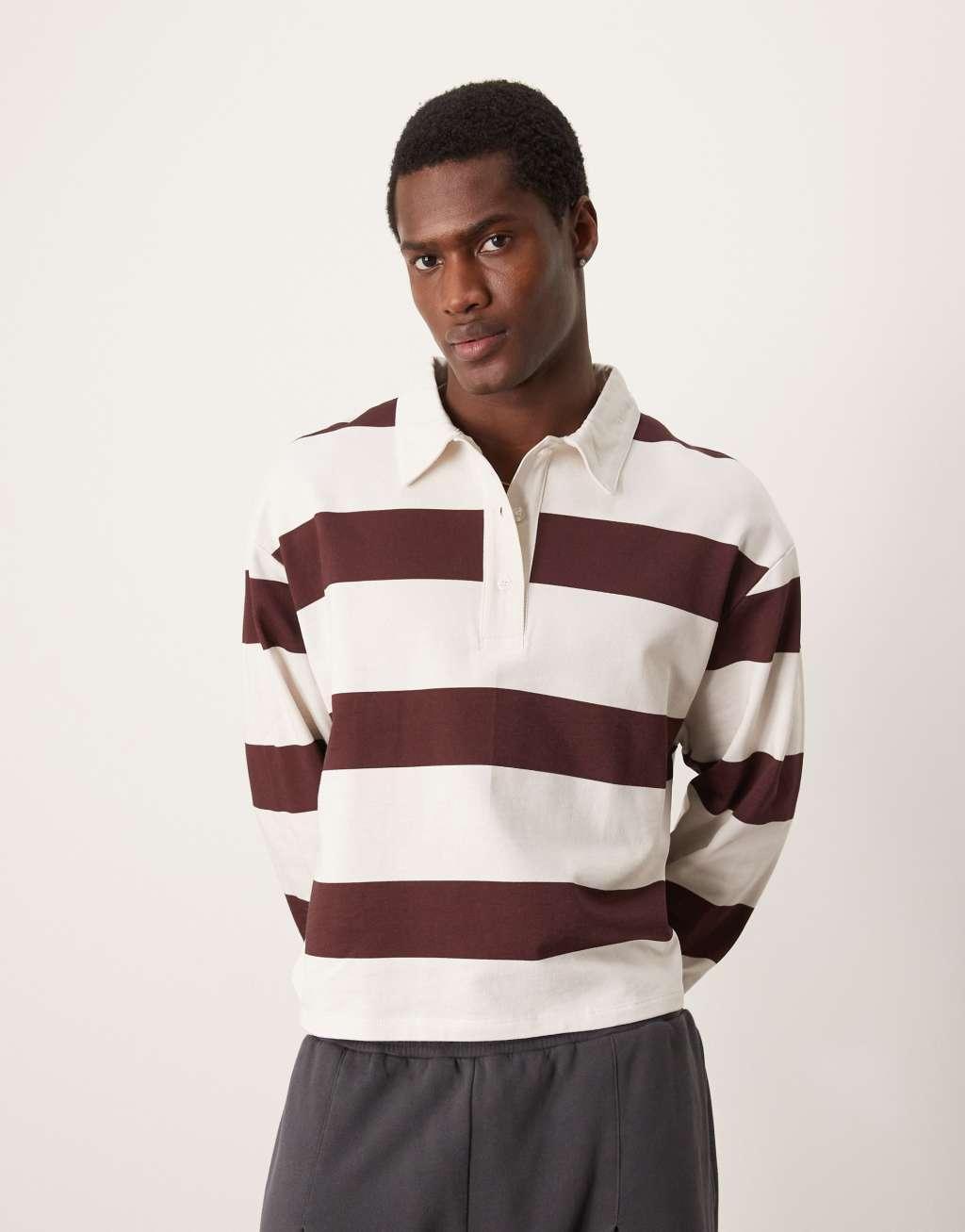 ASOS DESIGN oversized cropped rugby polo sweater in burgundy stripe Product Image