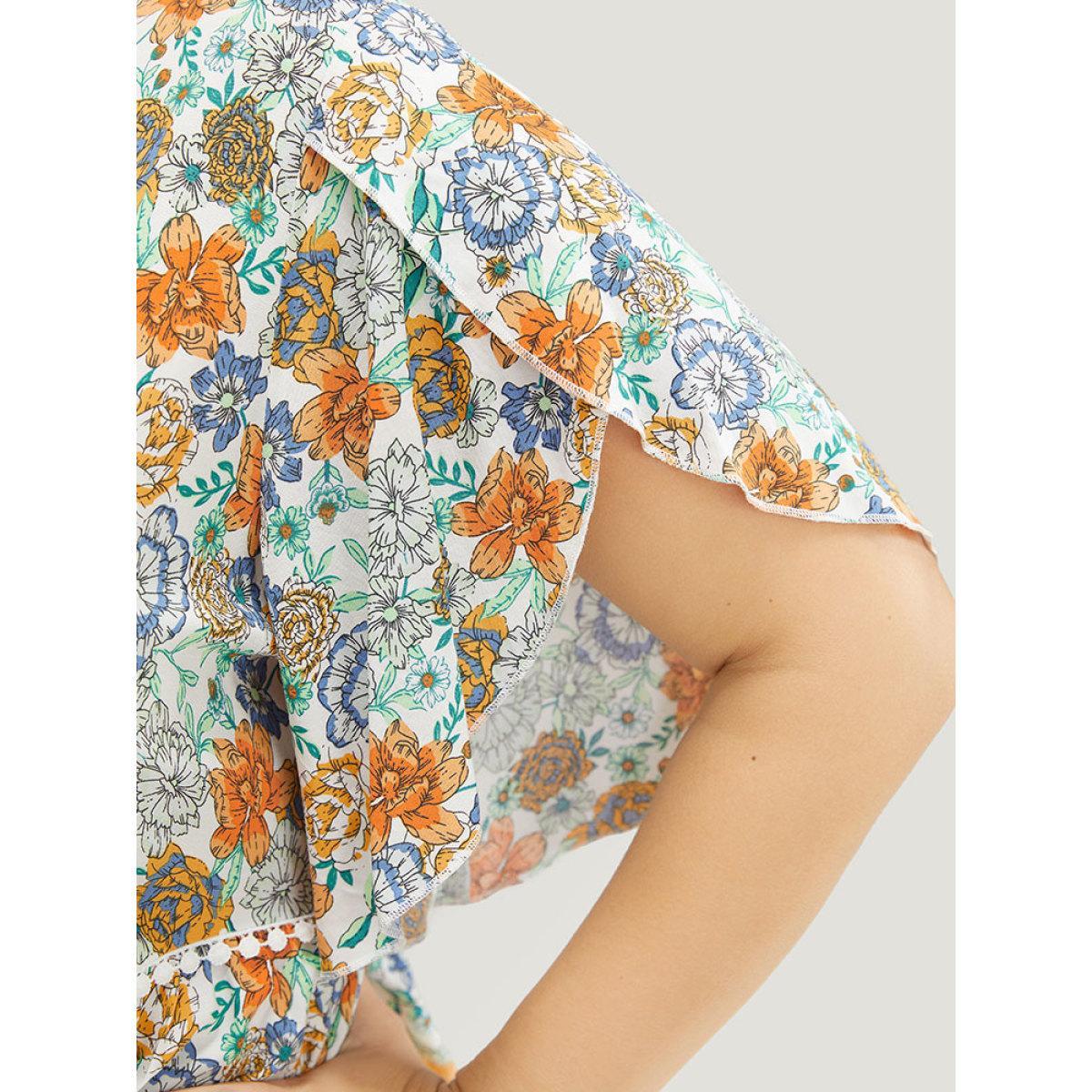 Plus Size Gold Bandana Print Petal Sleeve Tie Neck Pompom Trim Blouse Women Vacation Short sleeve Tie Neck Dailywear Blouses BloomChic 22-24/3X Product Image