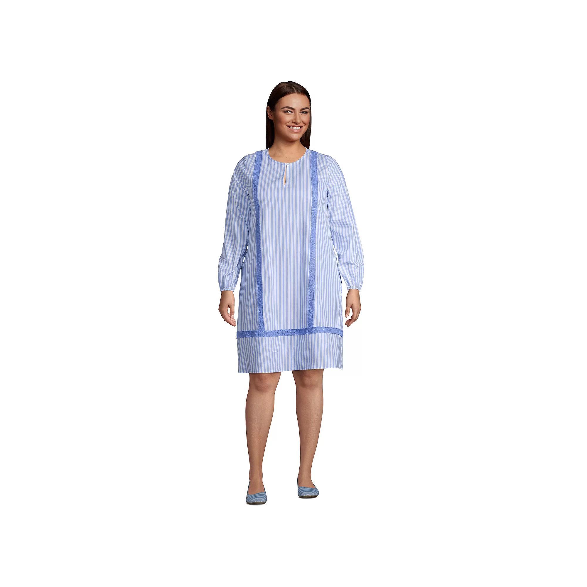 Plus Size Lands' End Poplin Splitneck Shift Dress, Women's, Size: 1XL, Chicory Blue Stripe Product Image