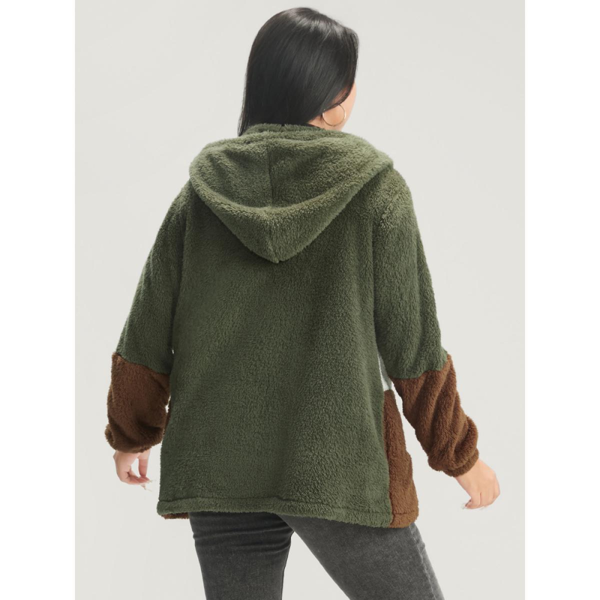 Plus Size Colorblock Contrast Pocket Zip Up Coat Women ArmyGreen Casual Contrast Ladies Dailywear Winter Coats BloomChic 14-16/1X Product Image