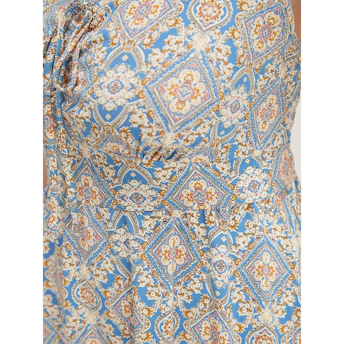 Plus Size Bandana Knotted Pocket Ruffle Hem Empire Waist Cami Dress Multicolor Women Vacation Adjustable Straps V-neck Sleeveless Curvy Midi Dress BloomChic 10/M Product Image