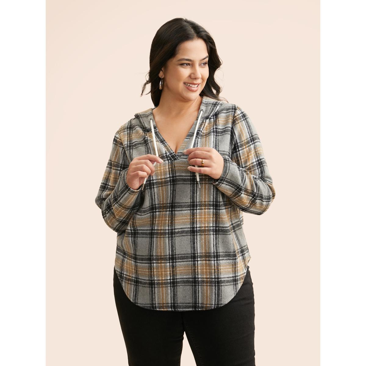 Plus Size Brushed Fabric Plaid Hooded Sweatshirt Women DarkGray Casual Drawstring Hooded Everyday Sweatshirts BloomChic 26/4X Product Image