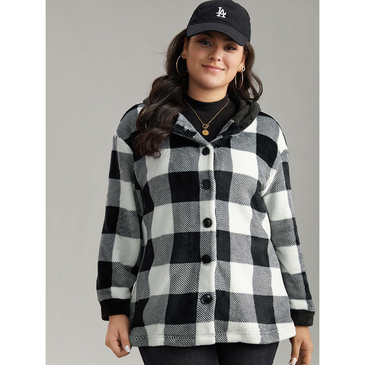 Plus Size Plaid Button Through Patchwork Hooded Jacket Women Black Casual Contrast Ladies Dailywear Winter Coats BloomChic 26/4X Product Image