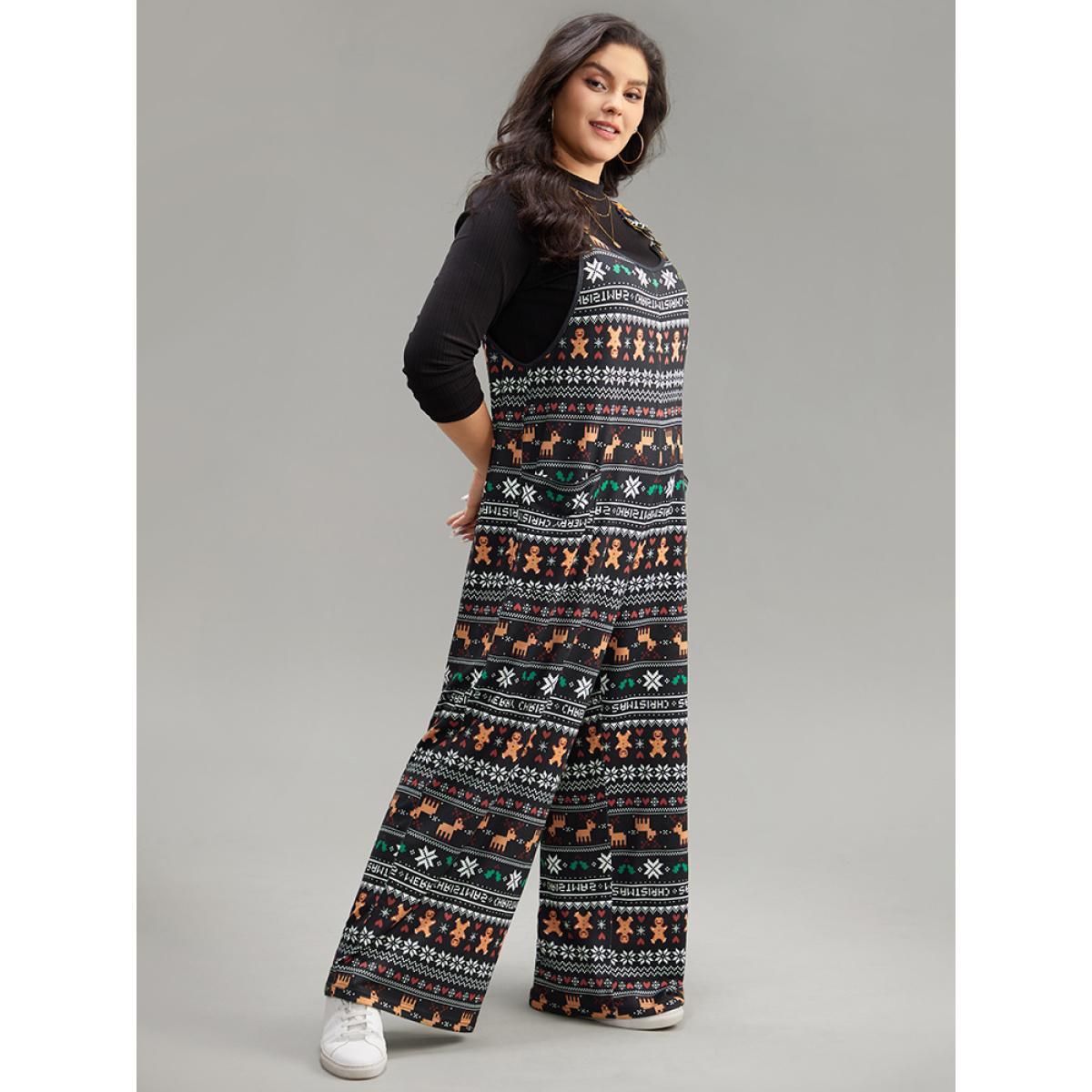 Plus Size Black Christmas Print Adjustable Straps Jumpsuit Women Casual Sleeveless Spaghetti Strap Dailywear Loose Jumpsuits BloomChic 22-24/3X Product Image