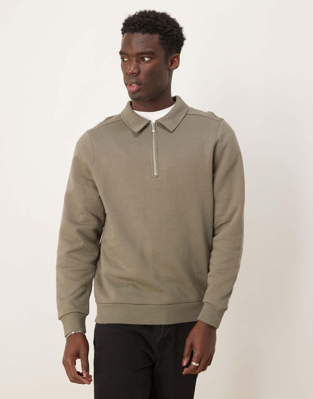 ASOS DESIGN quarter zip collar sweatshirt in khaki Product Image