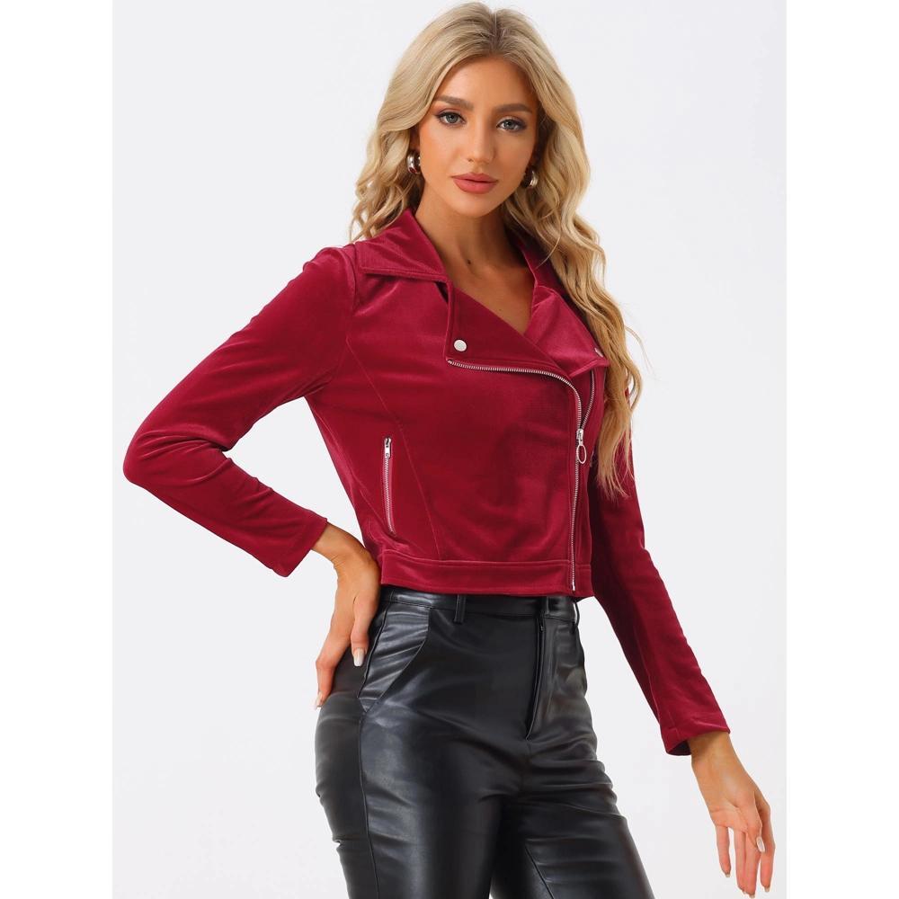 Allegra K Women's Velvet Zipper Lapel Collar Moto Biker Jacket Red X-Large Product Image